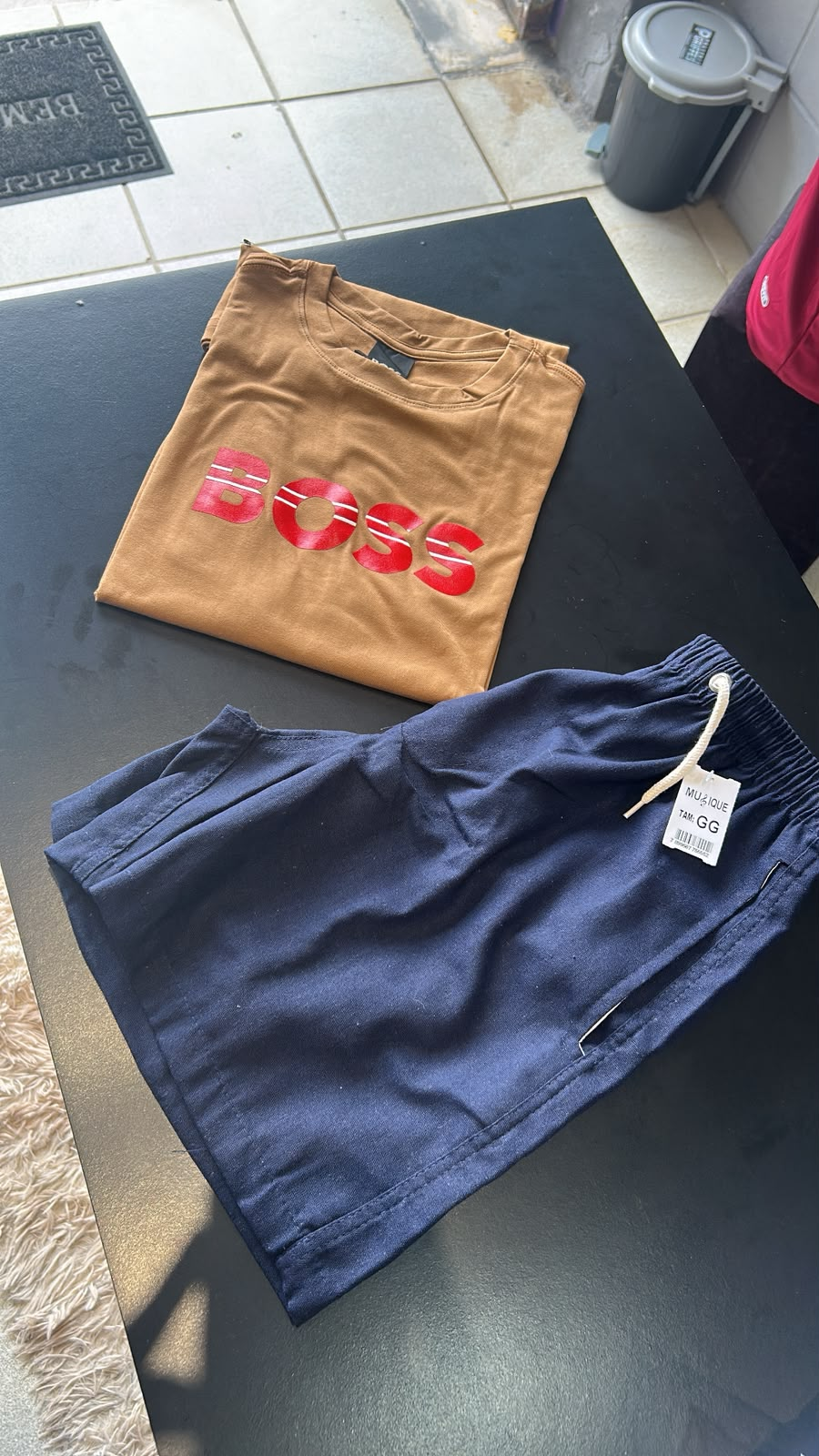 Kit Camisa Boss Marrom + Short Linho Azul (Tam. GG) — Praxedes Griffes