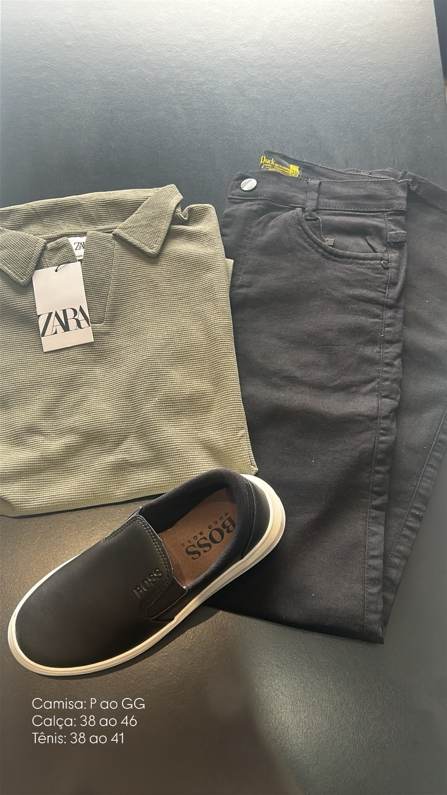 Kit Camisa Polo Texturizada Zara + Calça Duck Jeans + Tênis Boss — kits masculino na Praxedes Griffes