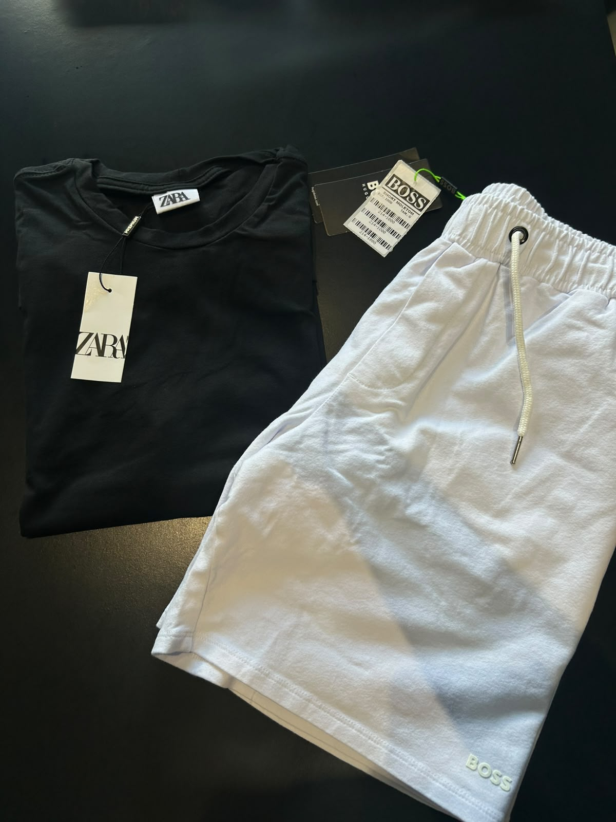 Kit Camisa Texturizada Zara Preta + Bermuda Moletom Boss Branca — kits masculino na Praxedes Griffes