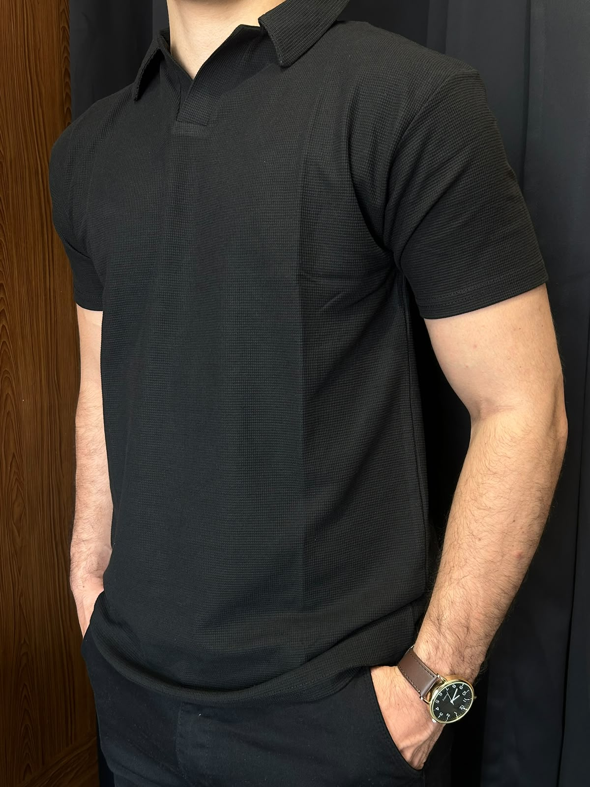 Camisa Polo Texturizada Premium Preta (gola aberta) — camisetas masculino na Praxedes Griffes